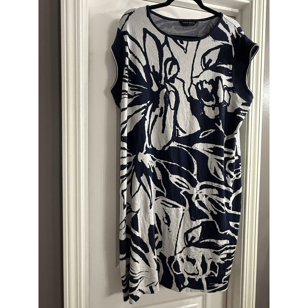 Ming Wang Abstract Floral Knit Dress Navy Blue And White XL - 2X